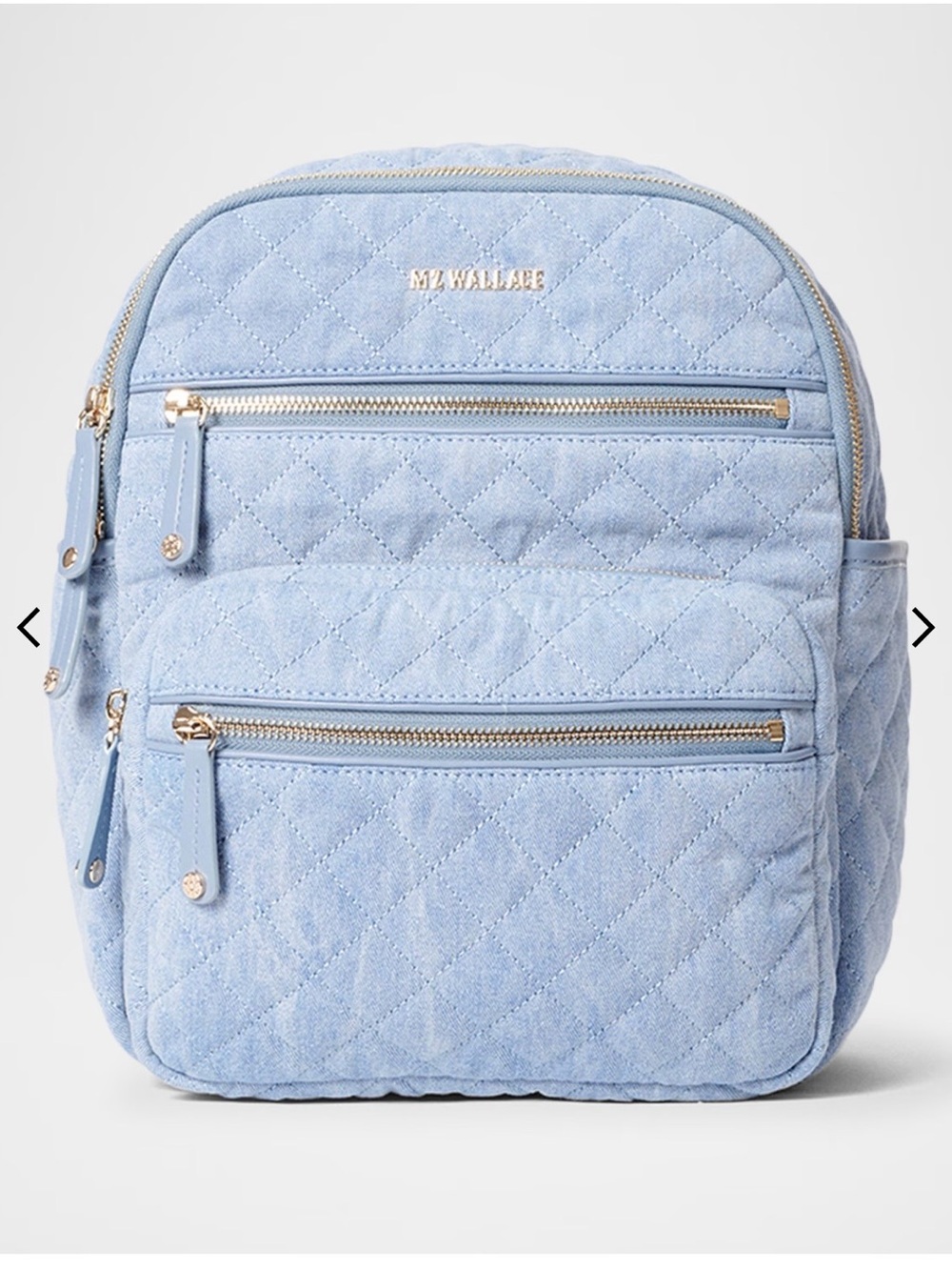 MZ Wallace Powder Blue small Crosby Quilted Backpack with Gold Hardware $345